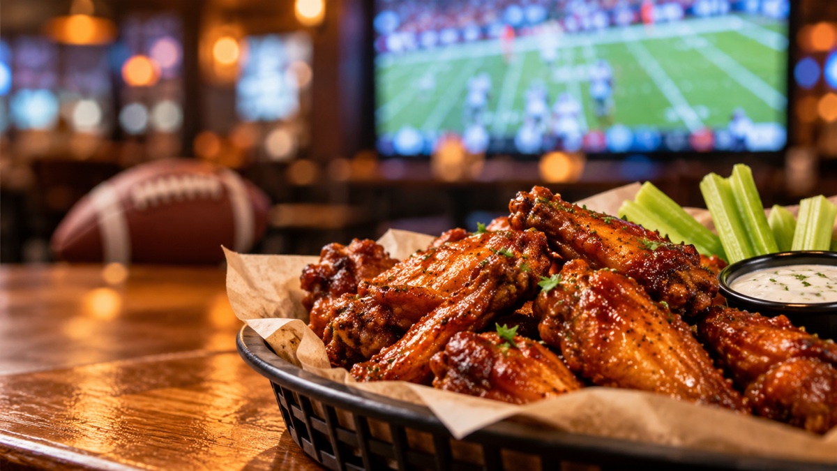A basket of sauced chicken wings with celery sticks and dipping sauce on a table, with a football broadcast playing on a TV in a blurred sports-bar background.