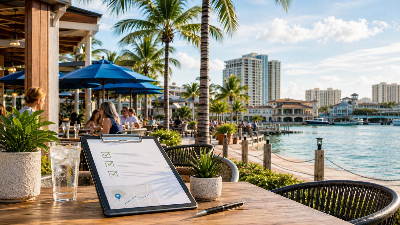 A Florida waterfront restaurant table with an inspection checklist on a tablet, used as the article hero for InspectFL's restaurant-market comparison.