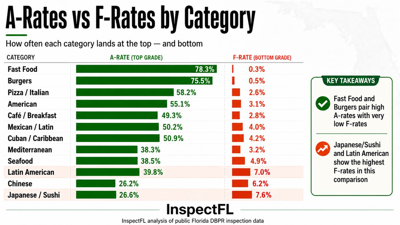 Comparison of A rates versus F rates across Florida restaurant categories