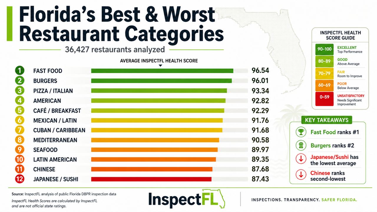 Ranked comparison of Florida restaurant categories by average InspectFL Health Score