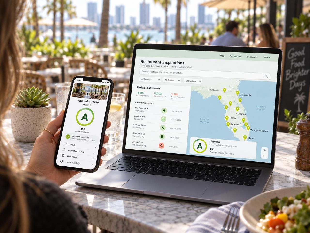 A smartphone showing a restaurant grade next to an open laptop showing InspectFL's website with a Florida map of inspection scores, illustrating two different ways diners can access the same public inspection data.