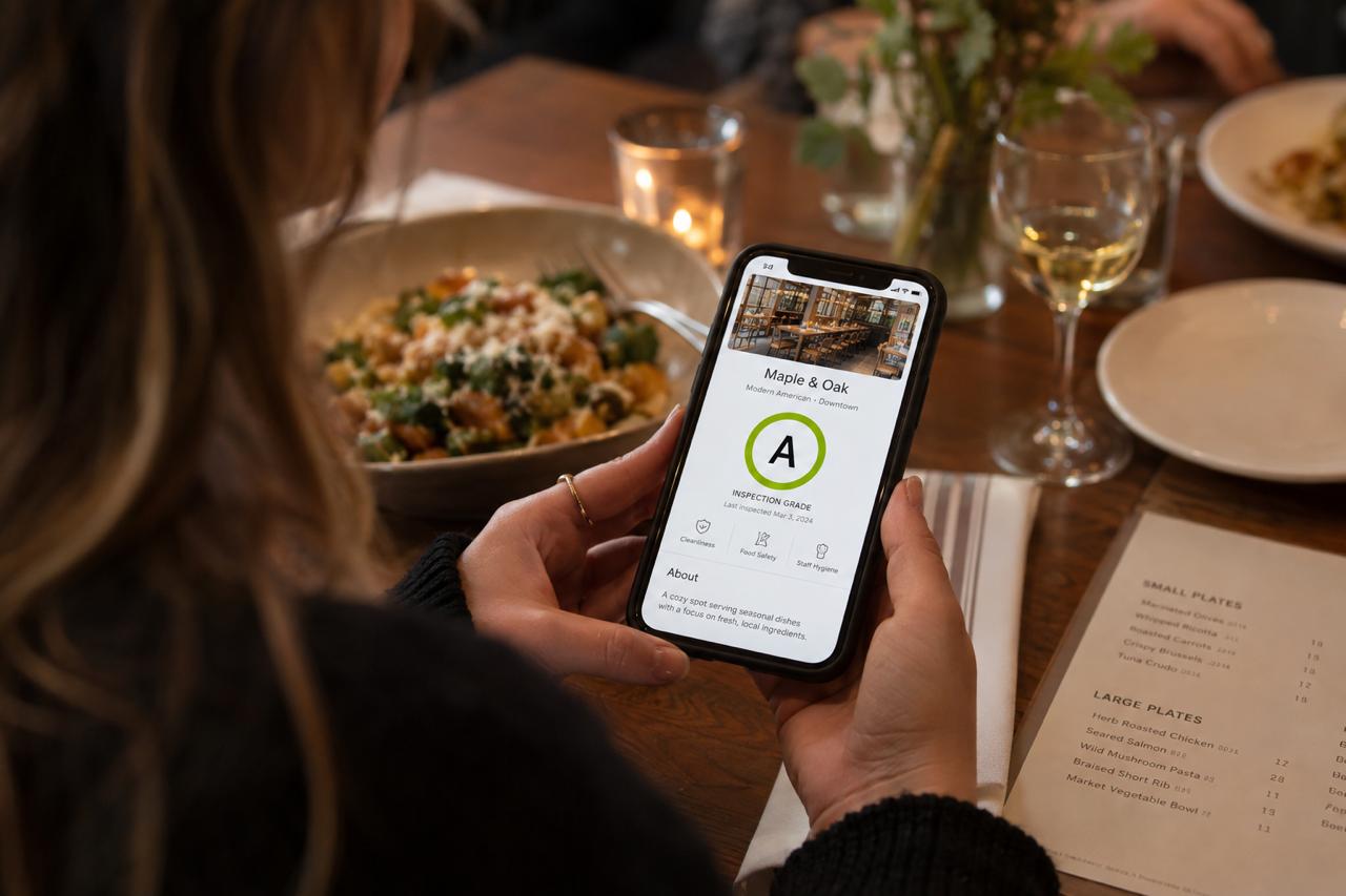 A diner checking a restaurant's inspection grade on a smartphone at the table before ordering, with an on-brand green A-grade badge visible on screen.