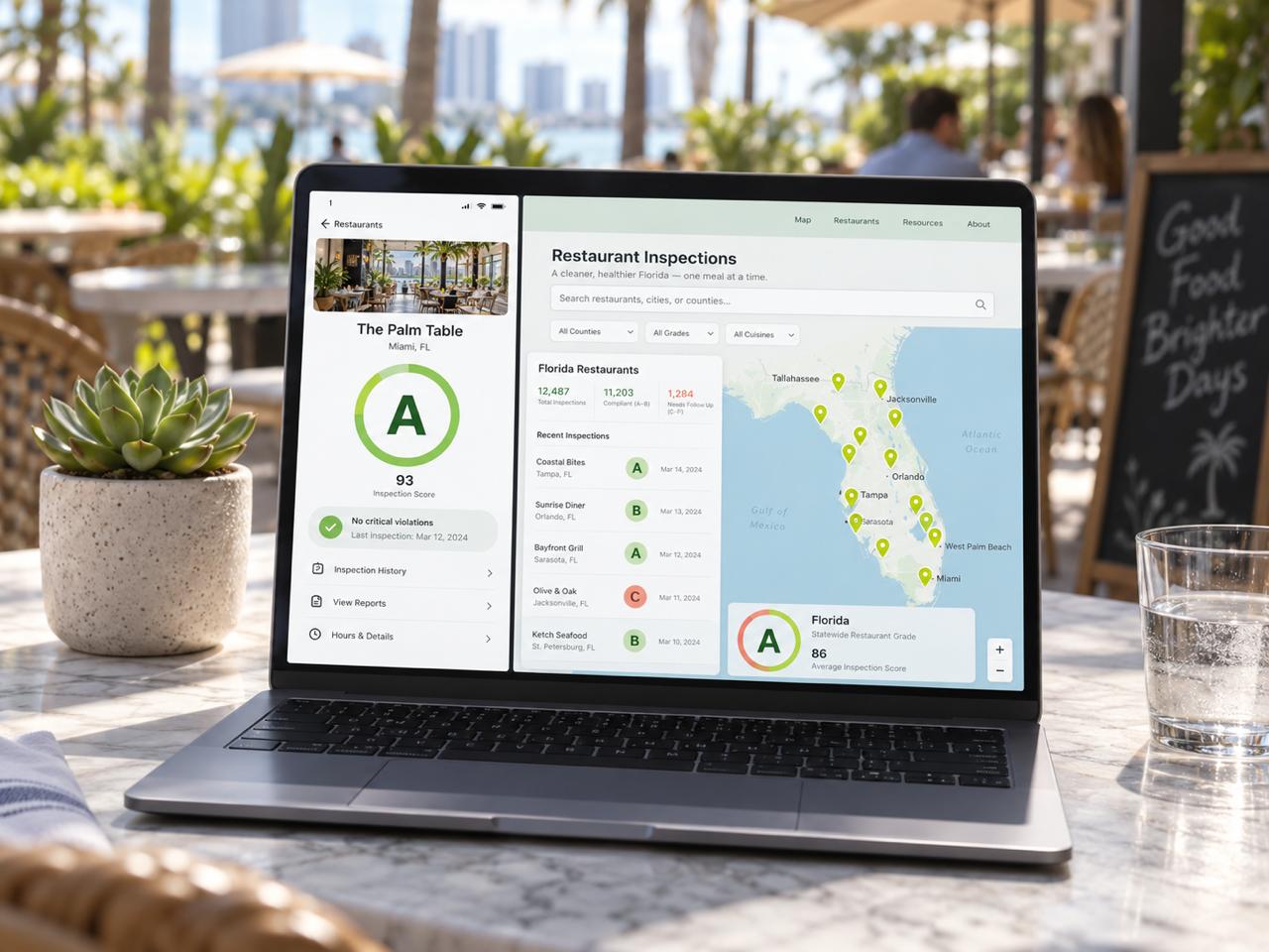 A laptop on a café table showing a mockup InspectFL-style dashboard with a Florida map, restaurant grades, and a health score gauge, next to a smartphone app screen, illustrating InspectFL's web-based approach to Florida restaurant inspection transparency.