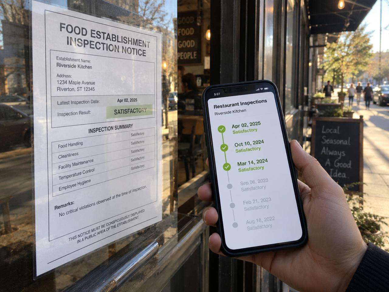 A hand holding a smartphone showing a restaurant's inspection timeline next to a posted inspection notice on a restaurant's front window, comparing a single point-in-time notice to a fuller history of past inspections.