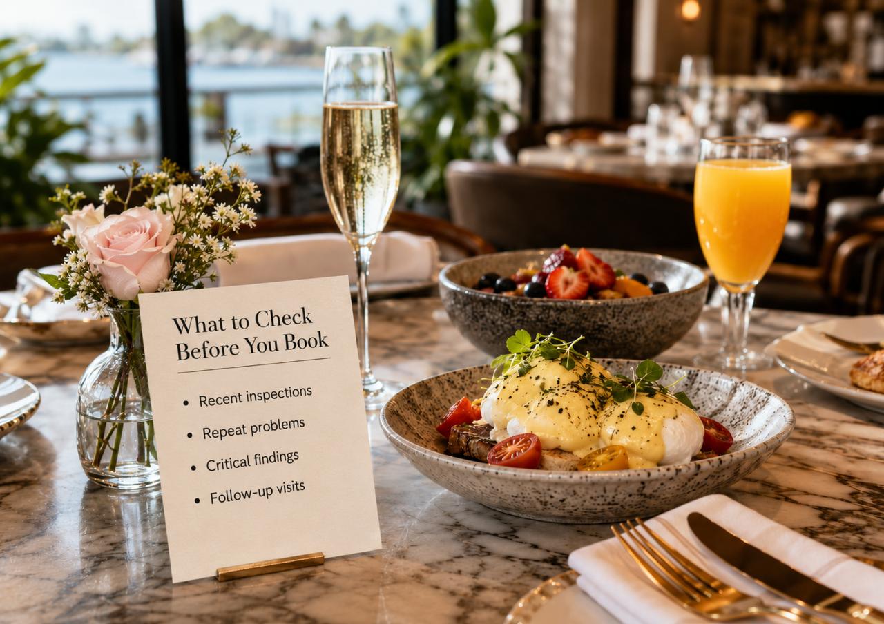 Editorial brunch table visual highlighting what to check before booking: recent inspections, repeat problems, critical findings, and follow-up visits