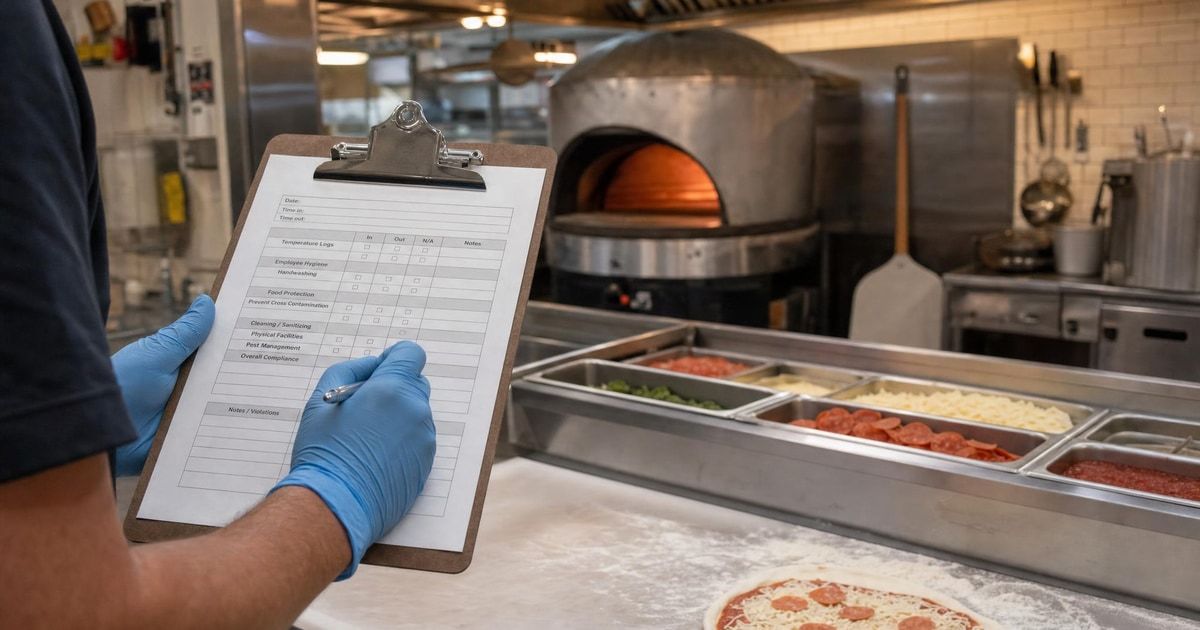 Health inspection clipboard in a commercial pizzeria kitchen