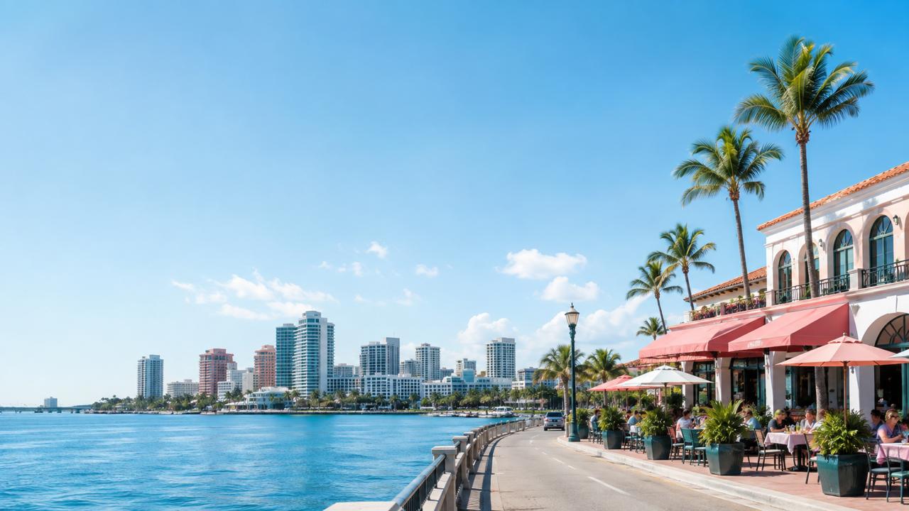 Sunny coastal street scene in Palm Beach County, Florida with palm trees, pastel architecture, and outdoor restaurant dining