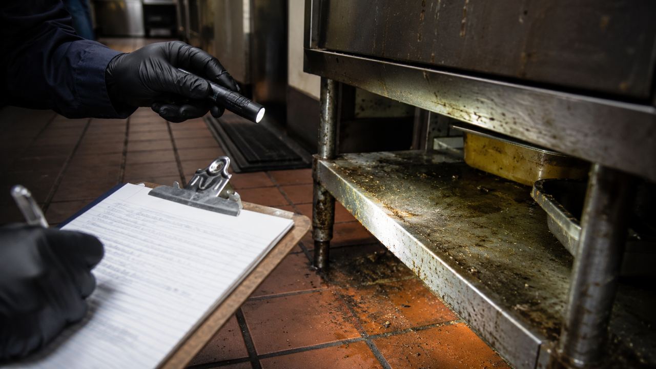 Florida restaurant inspector documenting dirty kitchen equipment during a Pasco County inspection-style scene