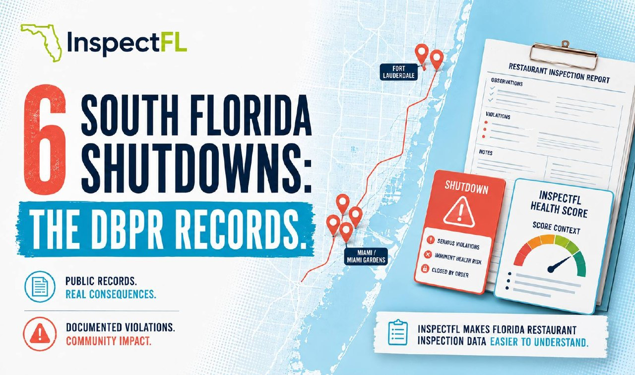 InspectFL graphic summarizing six South Florida temporary restaurant closures involving roaches, sewage, flies, and temperature issues