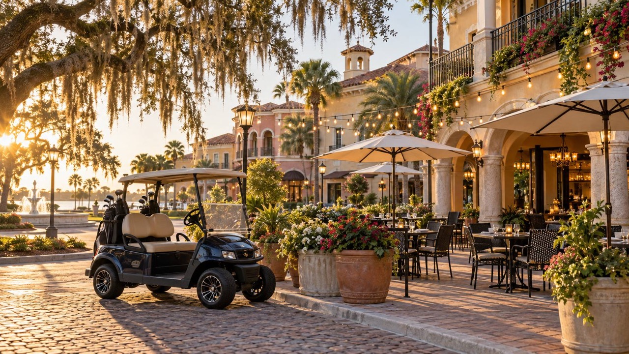 Golf cart parked outside a sunny outdoor restaurant patio in a Villages, Florida town square with Spanish-Mediterranean architecture and oak trees